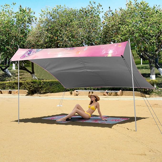 ALAZA Turtle Flowers Butterfly Dreamy Beach Tent Sun Shelter UPF50+ Protection Beach Shade Canopy w/ 4 Sandbags for Outdoor Camping Fishing Backyard Fun Picnic 10x9 ft