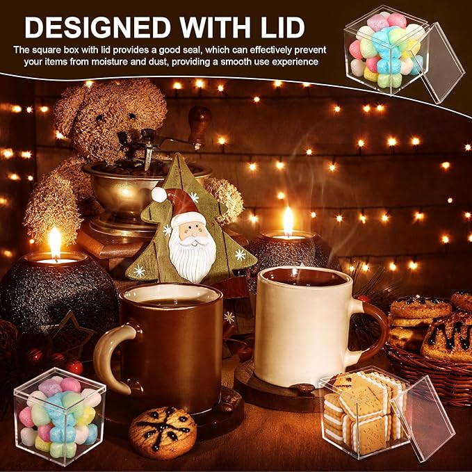 Thyle 100 Pieces Clear Acrylic Box with Lid 2.6 x 2.6 x 2.6 Inch Small Plastic Square Cube Containers Mini Clear Display Box Acrylic Gift Box Storage Box for Candy Pill Tiny Jewelry Gifts