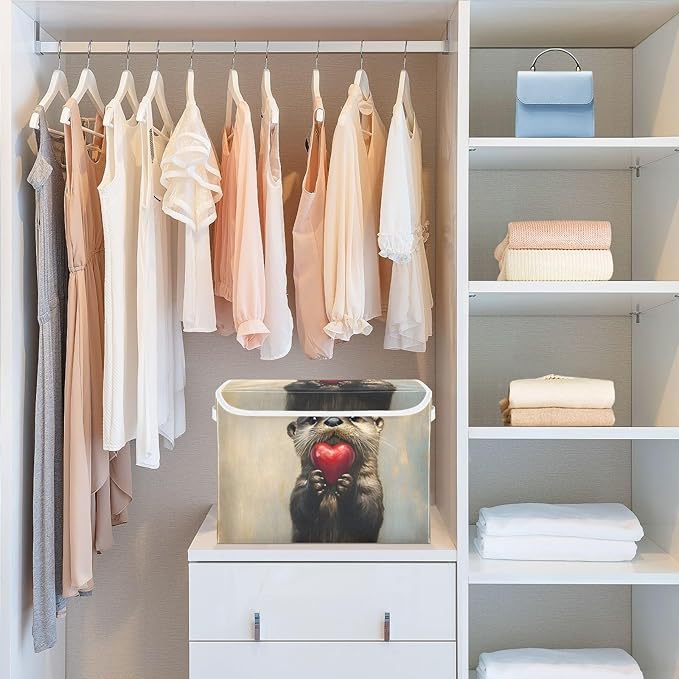AIXIWAWA Lidded Storage Cube (Heart Otter) Fabric Foldable Closet Bins with Flip Lid and Handles Organizer Basket Container 16.5 x 12.6 x 11.8 IN