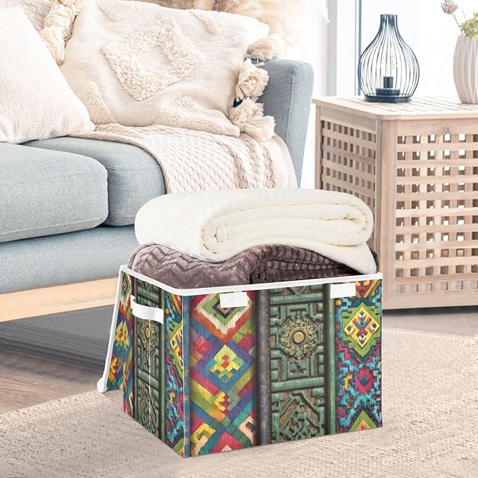 Tradition Pattern Large Storage Bins with Linen Foldable Storage Box Fabric Organizer Bin with Flip-Top Lid for Home Office 16.5 x 12.6 x 11.8 Inch