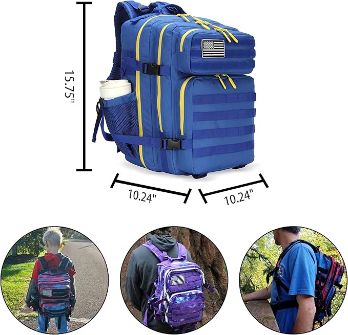 Lovelinks21 25L Tactical Military Backpack Small Travel Rucksack for Men and Women Assault Pack Bug Out Bag Molle Daypack Gym Backpack with Bottle Holder (Blue Yellow)