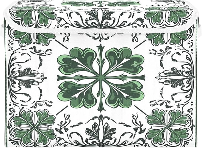 Lucky Leaf Tile Pattern Fabric Storage Bins with Lids and HandleFoldable Storage Bins with LidsCloset Organizers for Clothes Storage Room Organization Office Storage Chest Organizer