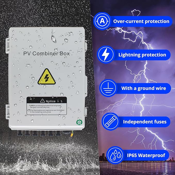 Solar Combiner Box HXH PV Combiner Box 6 String with a 550V 2P 63A DC Circuit Breakers &amp Lightning Arreste for Solar Panels IP 65 Waterproof