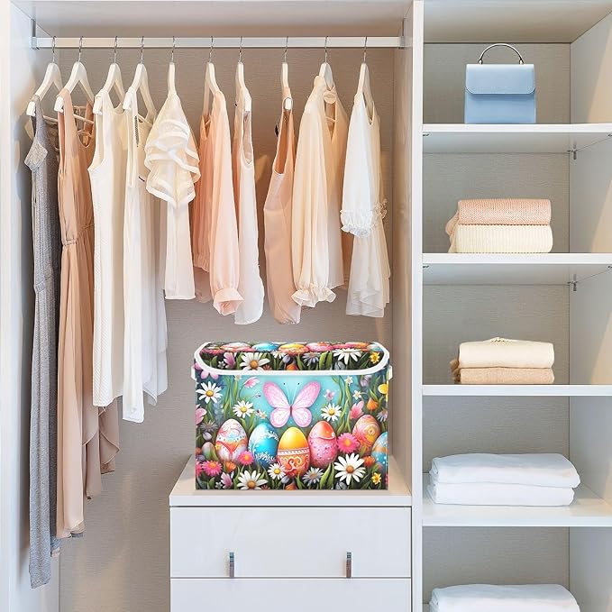 Christmas Storage Baskets with Lids Colorful Eggs and Butterfly Collapsible Bins Stackable Fabric Linen Baskets Closet Organizer Container 16.5x12.6x11.8