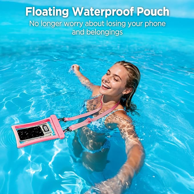 CACOE [Floatable Floating Universal IPX8 Waterproof Phone case 2 Pack-Up to 10.0Adjustable Lanyard Phone PouchCellphone Dry Bags for Vacation Beach Pool Kayak Cruise Travel Essentials（Black+Pink）