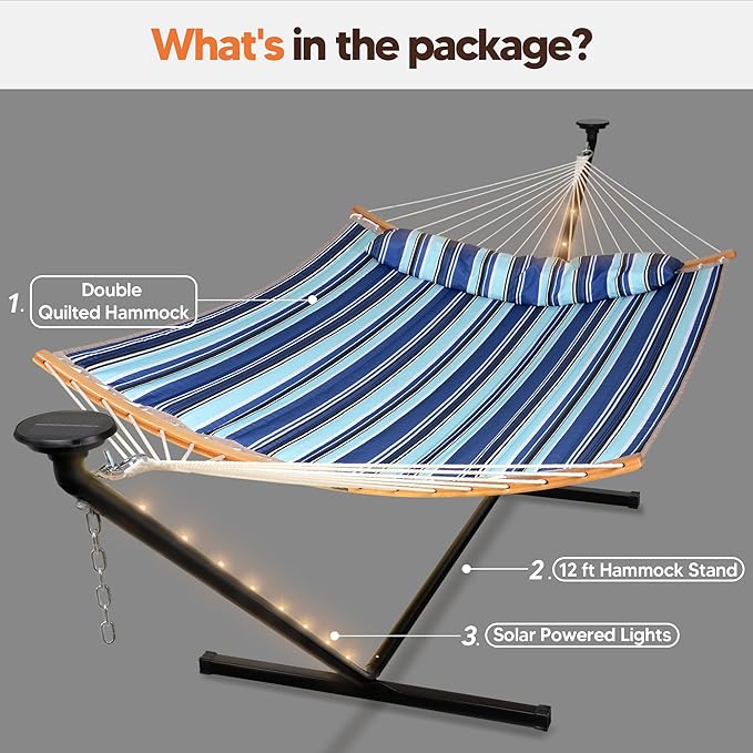SUNCREAT Double Hammock with 12 ft Stand Solar Powered Lights Included Outdoor Hammock for Outside Blue &amp White