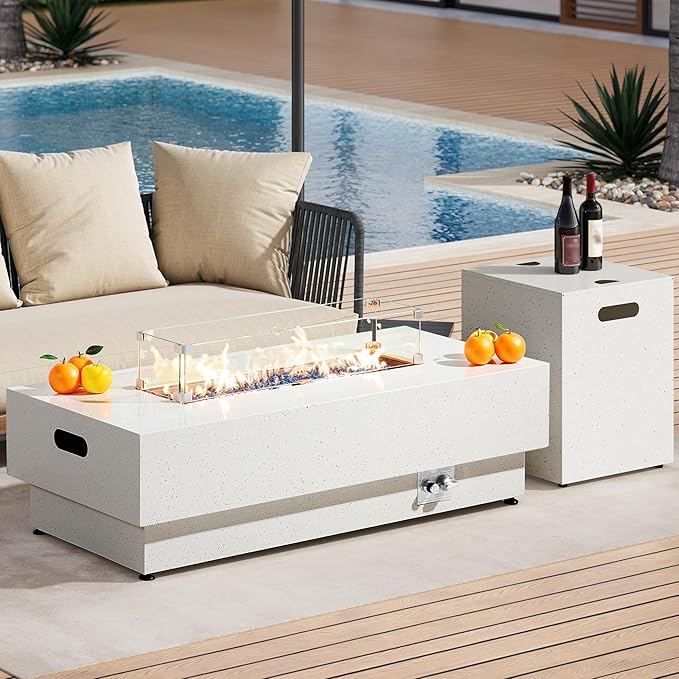 IRONCK 50-Inch Outdoor Propane Fire Pit Table w Tank Table CSA Certified Rectangular Patio Fire Pit w Glass Rocks Wind Guard and Cover 58000 BTU 2 in 1 Outdoor Heater for Deck Garden White