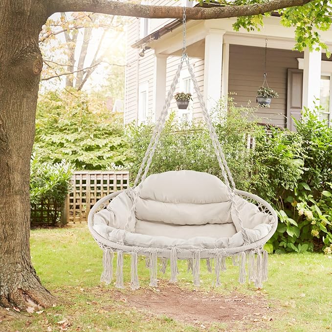 RELAX4LIFE Hammock Macrame Swing Chair - Swinging Chair w/Removable Cushion &amp Handwoven Tassels Max 440 LBS Indoor Outdoor Hanging Chair for Bedroom Patio Porch Boho Hammock Swing (52 x 26 inch