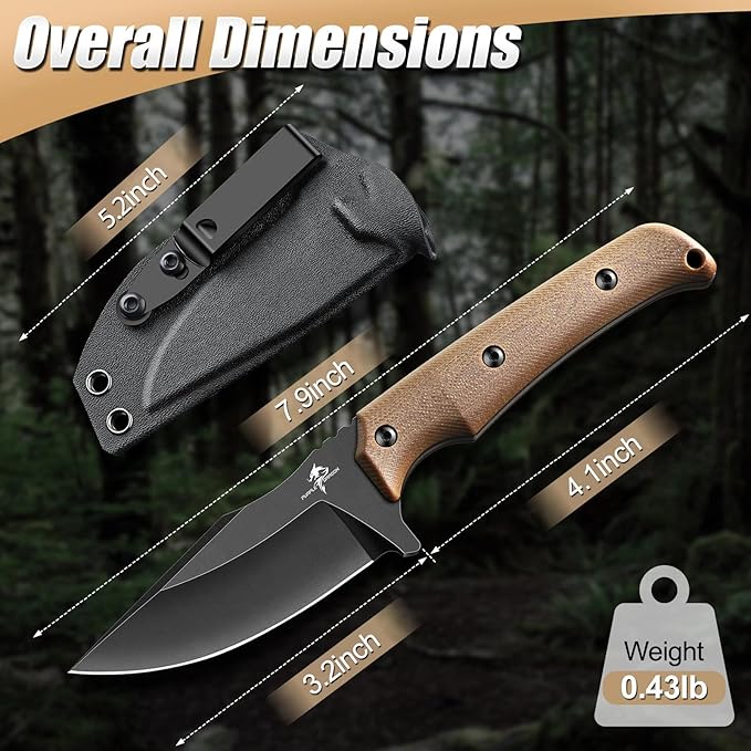 Purple Dragon Fixed Blade Knife - Full Tang Hunting Knife Forged from a Single Piece of D2 Steel - Camping Knives with G10 Handle and Kydex Sheath - Outdoor Gift for Men - Brown