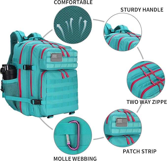 Lovelinks21 25L Tactical Military Backpack Small Travel Rucksack for Men and Women Assault Pack Bug Out Bag Molle Daypack Gym Backpack with Bottle Holder (Neon Teal)