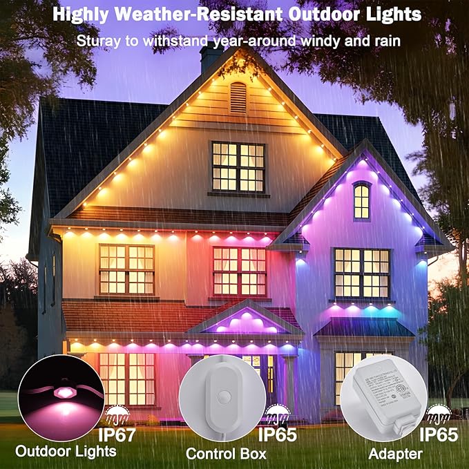 iYogaled 150ft Permanent Outdoor Christmas Lights for House Smart RGB+IC+Warm to Cool White LED Eave Lights with App Control IP65 Outside Light Compatible with Alexa Google Assistant