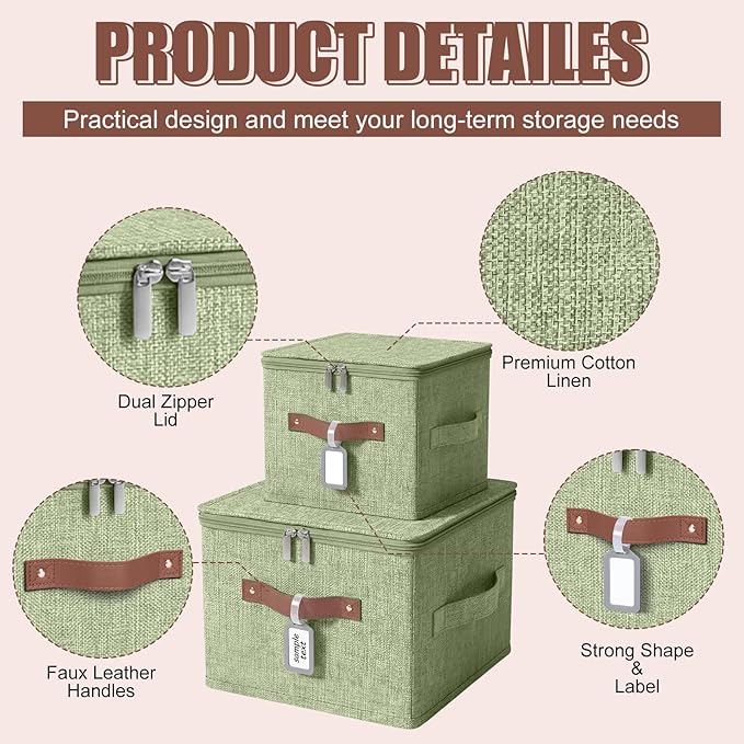 6 Pack Fabric Closet Storage Bins with Zipper Lids and Label 10×8×7In Large Size Foldable Cotton Linen Storage Cubes Boxes with PU Leather Handles Holders for Bedroom Shelf Nursery Green