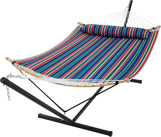 SUPERJARE Curved-Bar Hammock with Stand 2 Person Heavy Duty Hammock Frame Detachable Pillow &amp Portable Carrying Bag Perfect for Outdoor &amp Indoor Retro Blue and Green