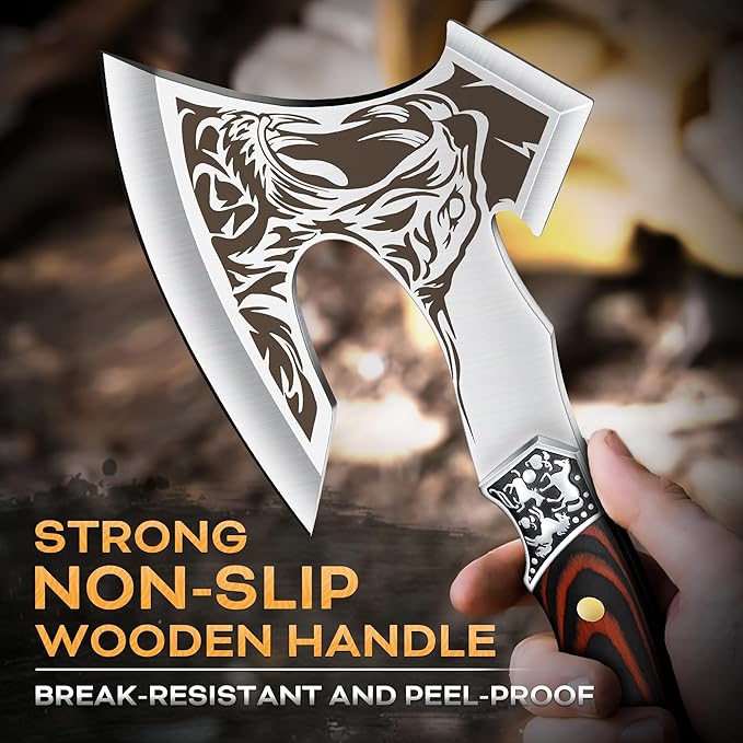 TIVOLI Camping Axe Tiger - Patterned Survival Hatchet with Nylon Sheath High Carbon Steel Blade Compact Outdoor Bushcraft Axe with Ergonomic Wood Grip Camping Gear for Hiking Chopping Hunting