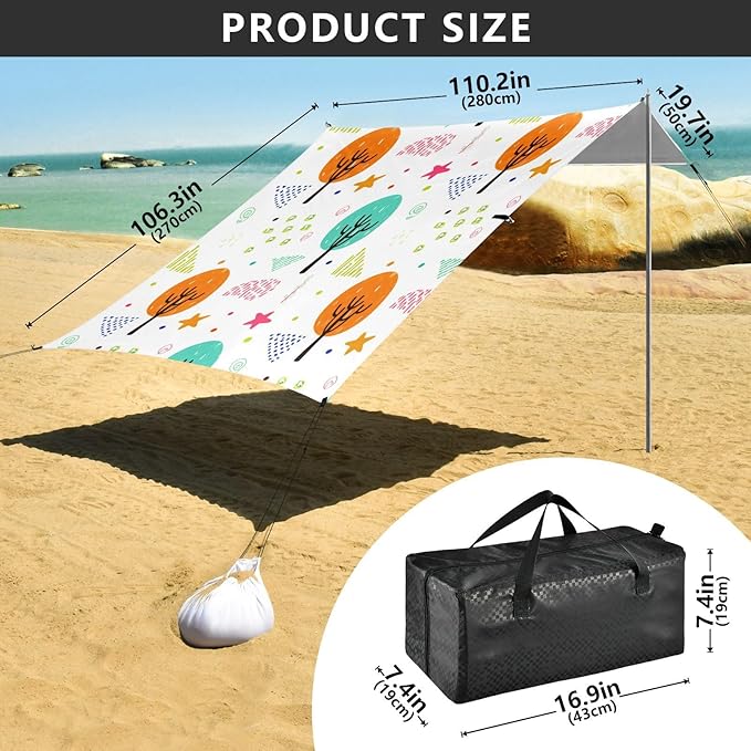 Beach Canopy with Windproof Ropes &amp Sandbags Beach Tent Sun Shade Sun Shelter for Camping Trips Fishing Backyard Fun or Picnics Tree