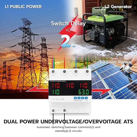 Automatic Transfer Switch 63A 110V Inverter Generator Transfer Switch with 5 Digits LED DisplayThree Source Power Selector for Home Generator Grid Inverter Outdoor RV