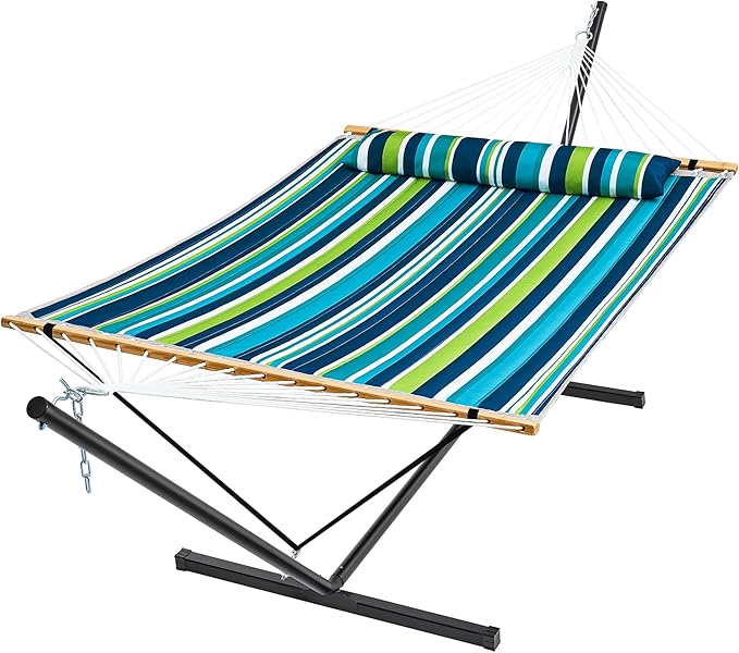 SUPERJARE Hammock with Stand 2 Person Quilted Outdoor Hammock Detachable Pillow &amp Bamboo Spreaders Portable Hammock with Carrying Bag Heavy Duty Stand Perfect for Outside Patio Dark Cyan