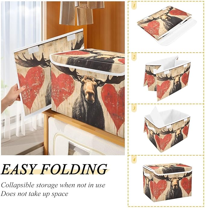 AIXIWAWA Lidded Storage Cube (Moose Valentine) Fabric Foldable Closet Bins with Flip Lid and Handles Organizer Basket Container 16.5 x 12.6 x 11.8 IN