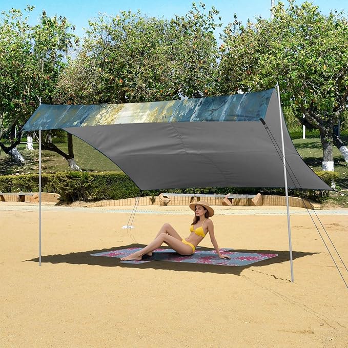 Sunlight Forest Pattern Beach Tent Sun Shelter Set UPF50+ UV Protection 10.5 x 9.19 FT Camping Shade Canopy with Sandbags Sand Anchors Carrying Bag and Others