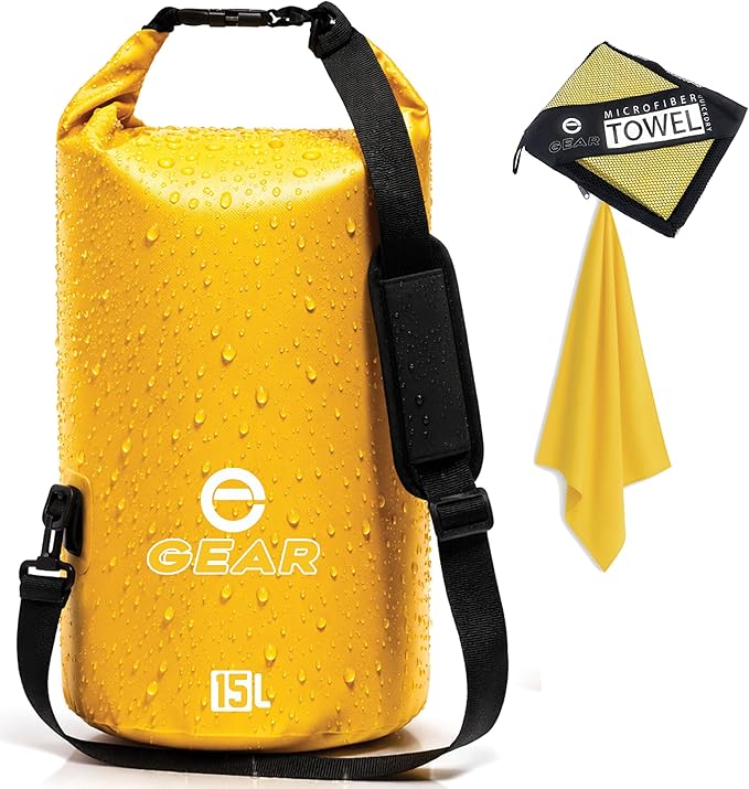 Enthusiast Gear Dry Bag 15L – Waterproof Floating Roll Top Dry Sack for Kayaking Boating Camping &amp Beach – Includes Quick Dry Microfiber Towel (Yellow)