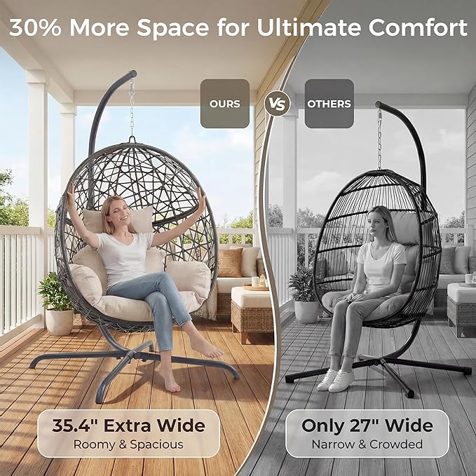 RADIATA Oversized Hanging Egg Chair with Stand Large Indoor Outdoor Swing Chair with Cushion 350lbs Wicker Bird Nest Eggshell Basket Chairs Patio Swinging Hammock Chair for Bedroom Garden Beige