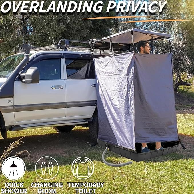 DANCHEL OUTDOOR Car Awning Shower Tent Room with Portable Shower Pan Camping Privacy Shelter Enclosure Overland Portable Changing Room w/LED Light 3.3ft x 3.3ft Gray