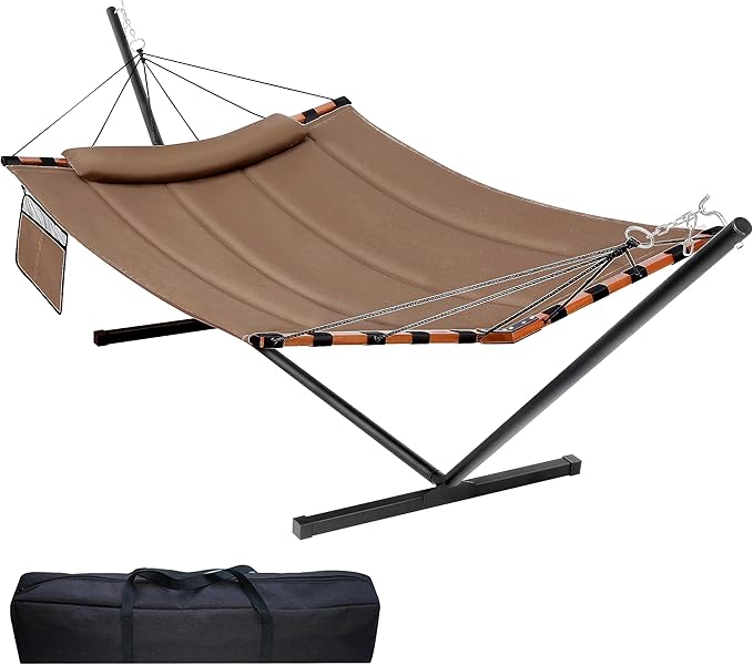 TegerDeger 12FT 2 Person Hammock with Stand Included 55 x 79IN Large Hammock 450LB Capacity with Hardwood Spreader Bar &amp Nylon Rope for Outside Patio Garden Backyard Beach Poolside - Brown
