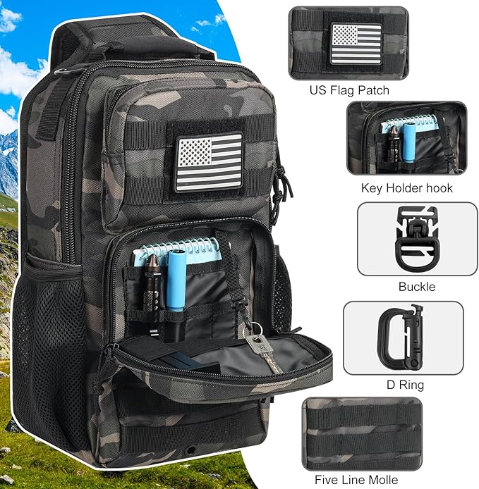 Rover Sling Pack Tactical Shoulder Sling Bag Backpack with Bottle Holder Crossbody Chest Bag Black Camo