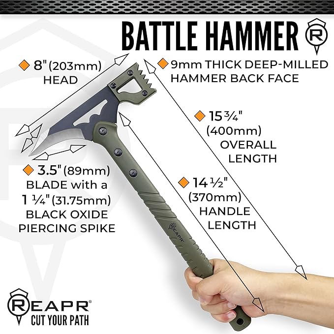 REAPR Battle Hammer – 15¾″ Fixed‑Head Hammer Axe with 3¼″ Cutting Blade Spike End &amp Nylon Handle with MOLLE-Compatible Sheath Ideal Demolition &amp Tactical Use