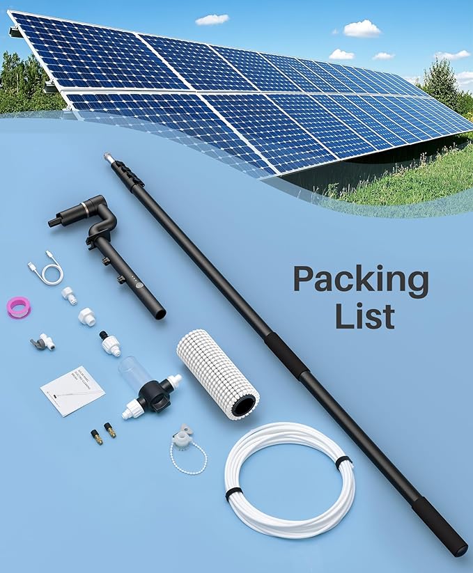 LyriFine Electric Solar Panel Cleaning Brush and Pole Kit 20Ft Extendable Washing Kit with Water Fed Pole 2 Speed &amp Soap Dispenser Outdoor Window Cleaning Tool for Solar Panel Window Roof RV