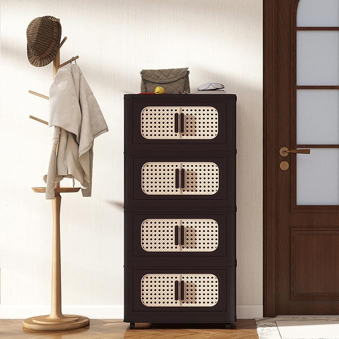 4 Tiers Folding Storage Cabinet20 Side Wide Stackable Storage Bins with Doors and Wheels Space Saving Plastic Cabinet for Living Room Office Dorm Retro Brown