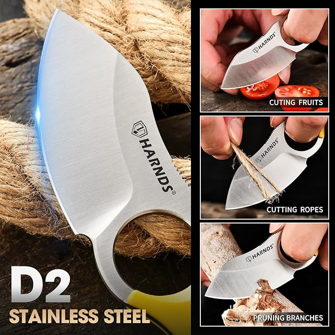 Harnds Small Fixed Blade Knife Full Tang Neck Camping Knife EDC with D2 Steel Blade and G10 Handle for Fishing and Skinning Eggplant