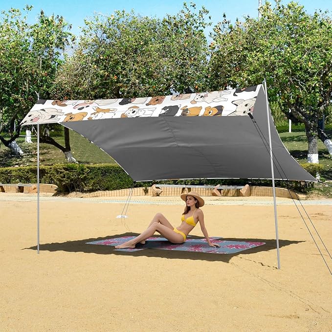ALAZA Cute Dogs Puppy Animal Beach Tent Sun Shelter UPF50+ Protection Beach Shade Canopy w/ 4 Sandbags for Outdoor Camping Fishing Backyard Fun Picnic 10x9 ft