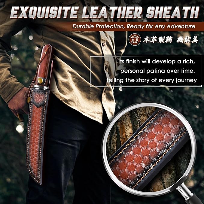 Tanto Fixed Blade Knife - Japanese Outdoor Survival Knives with Leather Sheath 5mm Thick Full Tang Bushcraft Knife for Camping Hiking Premium Gifts for Men