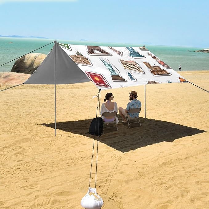 ALAZA Famouse Scenery Stickers Travel Beach Tent Sun Shelter UPF50+ Protection Beach Shade Canopy w/ 4 Sandbags for Outdoor Camping Fishing Backyard Fun Picnic 10x9 ft