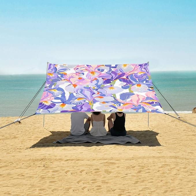 ALAZA Pink &amp Blue Iris Flower Beach Tent Sun Shelter UPF50+ Protection Beach Shade Canopy w/ 4 Sandbags for Outdoor Camping Fishing Backyard Fun Picnic 10x9 ft