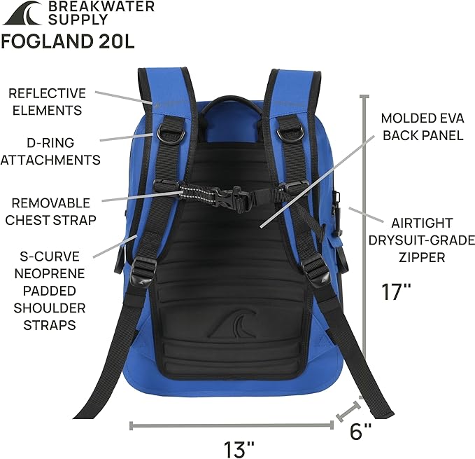 Breakwater Supply™ Fogland Waterproof IP68 Submersible Backpack | Laptop Sleeve Side Pockets Airtight Zippers for Outdoors Travel Kayaking Hiking Daypack Unisex TPU Dry Bag (Marker Blue 20L)