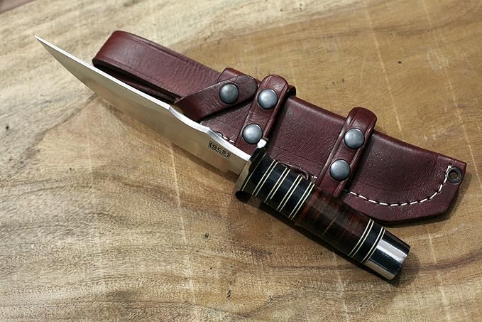 GCS Custom Handmade Stacked Leather Handle D2 Tool Steel Blade Full Tang Bowie Knive with Leather Sheath for Hunting Bushcrafting Camping Survival and EDC-GDK-024