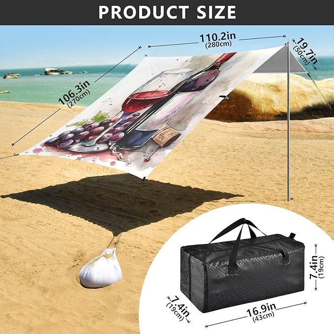 ALAZA Watercolor Vintage Red Wine Beach Tent Sun Shelter Portable Canopy Sunshade for Outdoor Camping Picnics Backyard Fun 10x9 ft