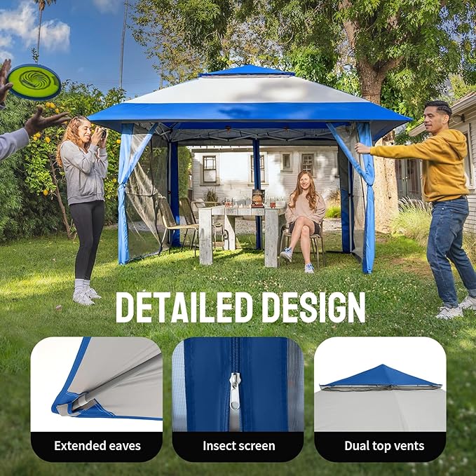 CROWN SHADES 13x13 Pop Up Gazebo Canopy Tent Gazebos on Clearance - Outdoor Gazebo for Backyard &amp Patio Furniture - Carpa Pop Up Tent with Wheeled STO-N-Go Cover Bag (Blue &amp Grey)