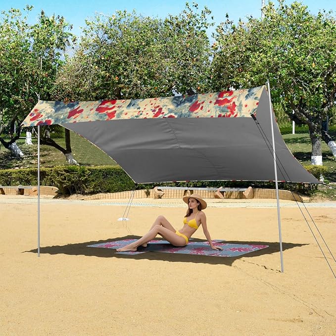 Cute Red Flower Beach Tent Sun Shelter Set UPF50+ UV Protection 10.5 x 9.19 FT Camping Shade Canopy with Sandbags Sand Anchors Carrying Bag and Others