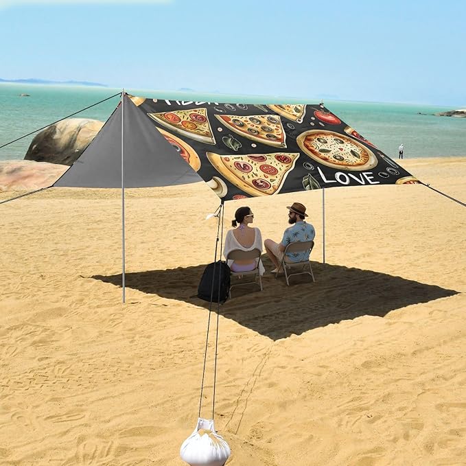 ALAZA Black Background Pizza Pattern Beach Tent Sun Shelter Portable Canopy Sunshade for Outdoor Camping Picnics Backyard Fun 10x9 ft