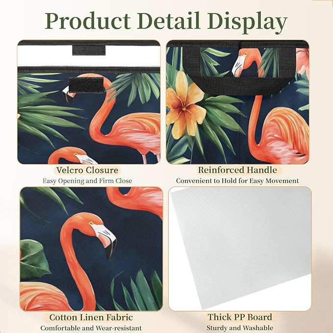 Tropical Flamingo Storage Basket with Lid Green Palm Leaves Foldable Storage Box Fabric Storage Bins with Carrying Handles for Home Bedroom Closet Organization