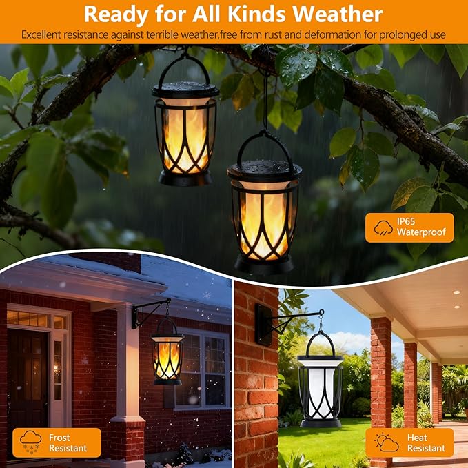 Solar Lanterns Outdoor Waterproof 2 Pack Flickering Solar Flame Lights Upgraded Hanging Flame Lantern Pathway Torch Light Table Lamp Auto On/ Off Porch Yard Gifts(2 Lighting Modes)