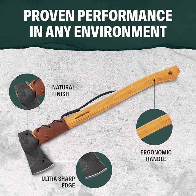 Condor Tool &amp Knife Cloudburst Hatchet Axe with Handcrafted Leather Sheath - 1060 High Carbon Steel Throwing Axe with a Light Wooden American Burnt Hickory Handle - 5.8in Blade - 43.4oz