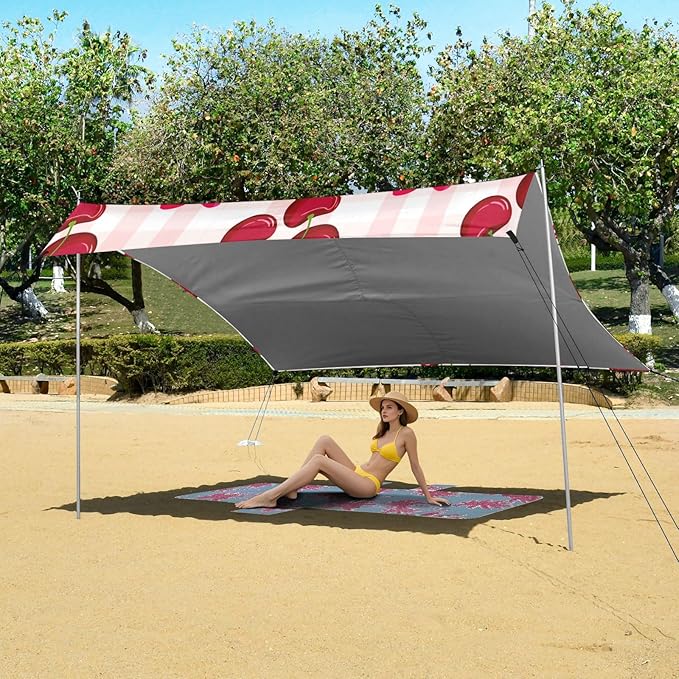 xigua Cherry Beach Tent Sun Shelter with Carrying Bag - Silver Coated Oxford Fabric Beach Canopy for Beach Camping Fishing - Includes Windproof Ropes Sandbags &amp Stakes