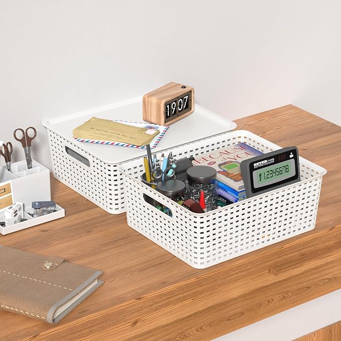 Hespama 6-Pack Plastic Weave Storage Basket with Lid Stackable Organizer Basket White