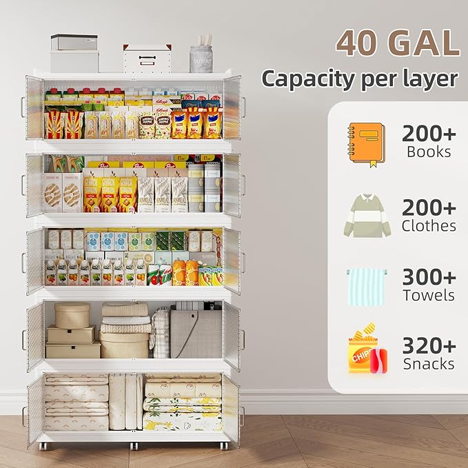 SAILUN 250Gal Extra Large Stackable Storage Bins with a Lid Collapsible Storage Bins With Doors and Wheels Foldable Storage Cabinet for Garage Closet Organization White 4Pack