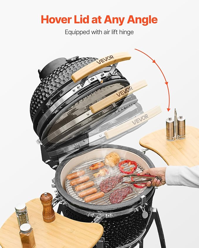 VEVOR Charcoal Smoker and Grill 18 Kamado Charcoal BBQ Smoker Movable Ceramic Barbecue Grill with 4 Wheels (2 Lockable) Built-in Thermometer Air Vents &amp Side Shelf for Outdoor Patio Yard Cook