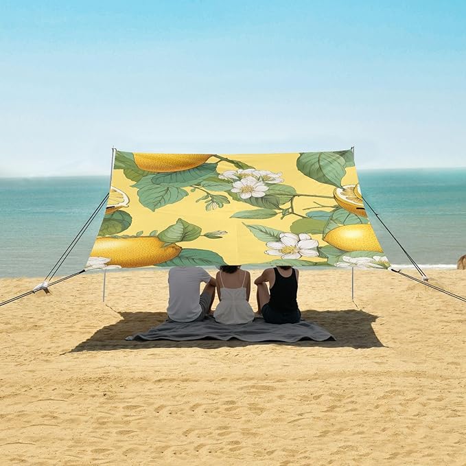 ALAZA Tropical Yellow Lemons Flower Beach Tent Sun Shelter Portable Canopy Sunshade for Outdoor Camping Picnics Backyard Fun 10x9 ft